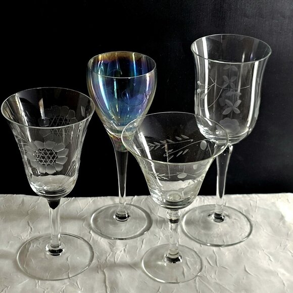 4 Mismatched Cordials Cocktail Glasses vtg mixed etched cut iridescent party - Picture 2 of 11